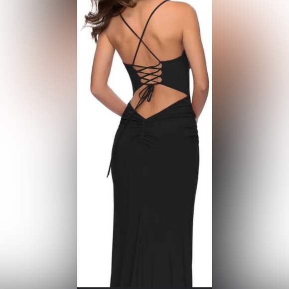 La Femme Black Spaghetti Strap Corset Back Jersey Gown Size 12 NWT - Picture 3 of 16